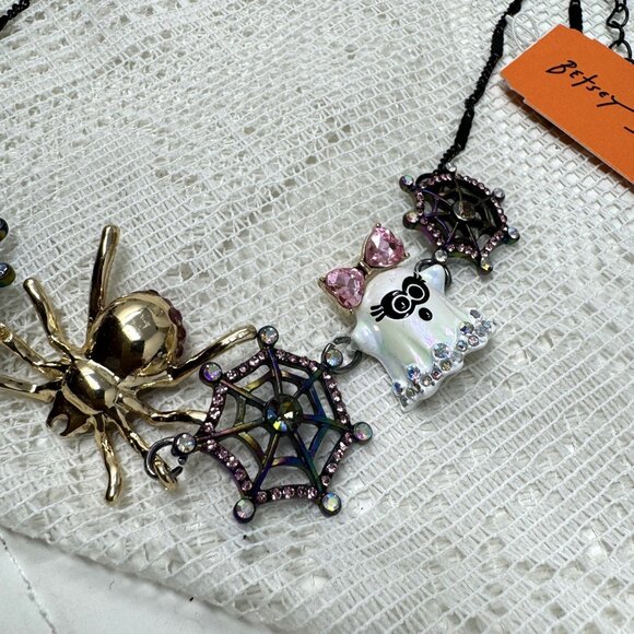 Betsey Johnson Halloween Spider Web Necklace With Ghost & Jewels - Picture 2 of 8